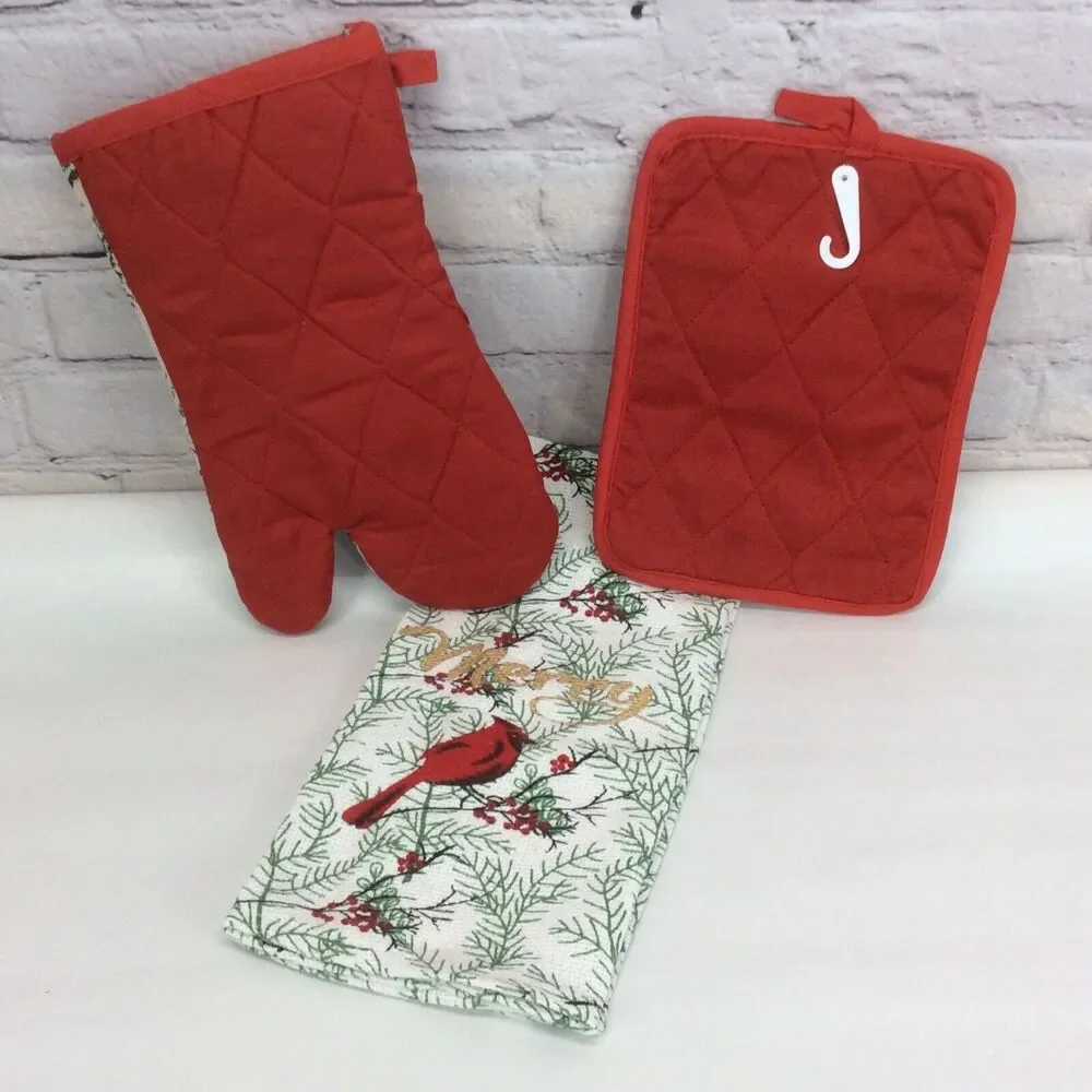 Merry Cardinal 3 Pc Kitchen Set Holiday Dish Towel/Pot Holder/Oven Mitt NWT